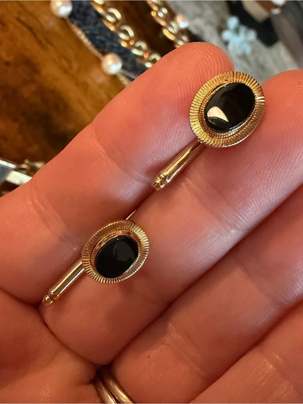 Unique Gold Tone Tie Bars & Cufflinks Set - Black Enamel Accents